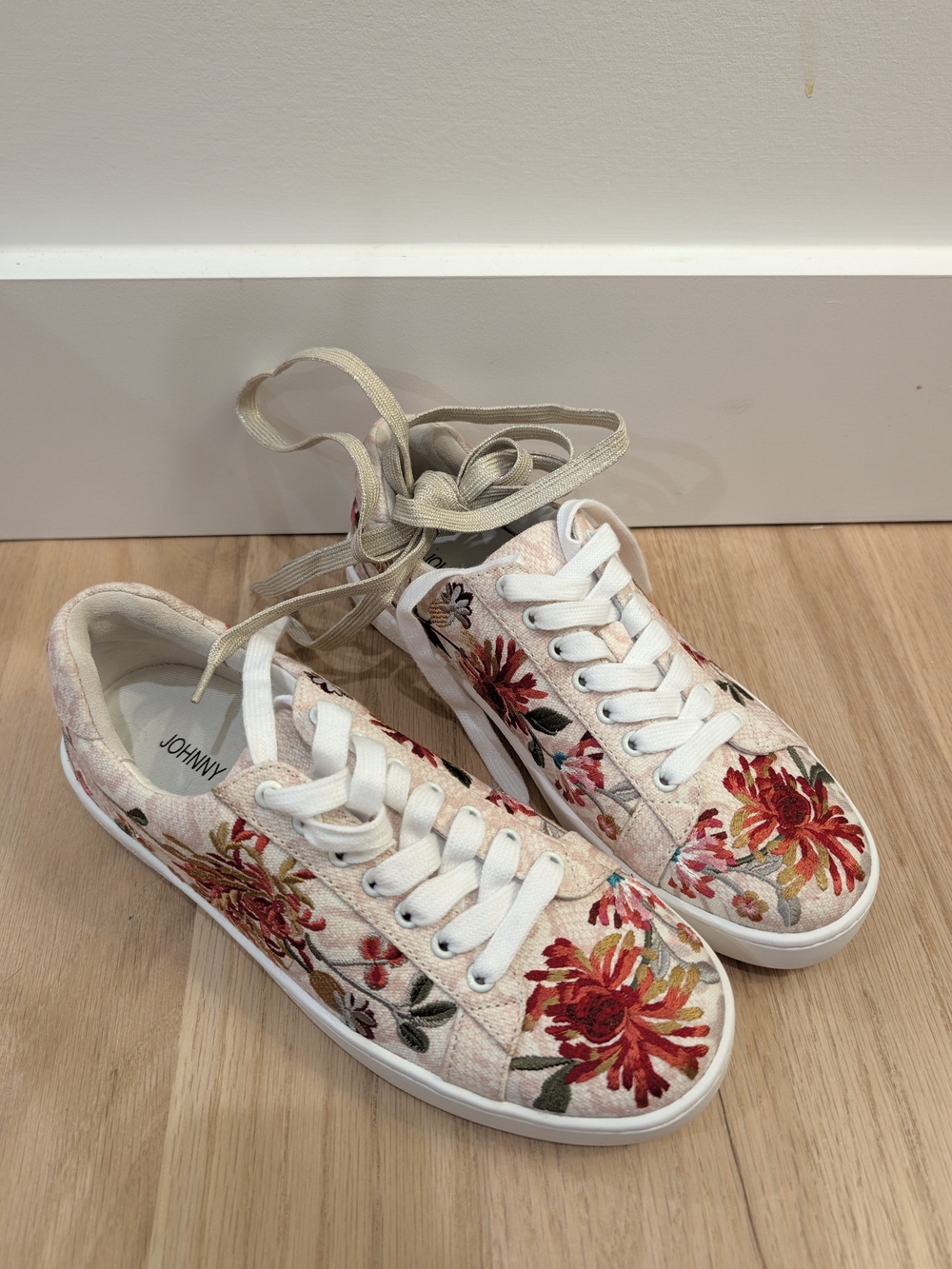 Johnny Was Cream Canvas Sneakers with Red Floral Embroidery
